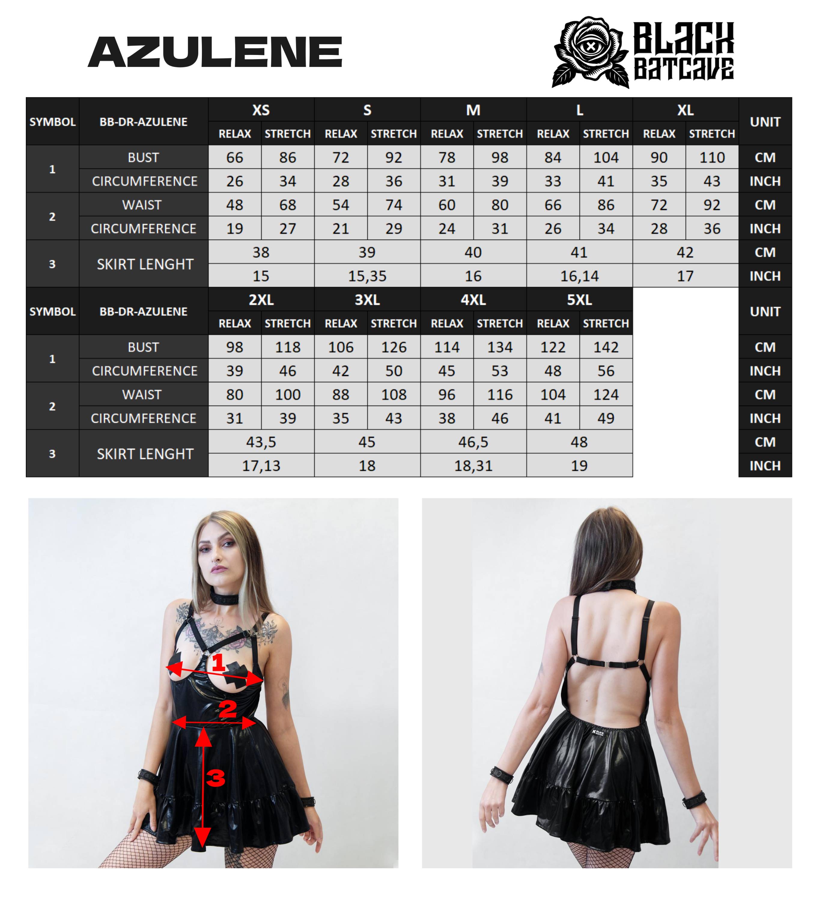 Measurement chart for a black wet-look open cup dress with model examples and Black Batcave branding.