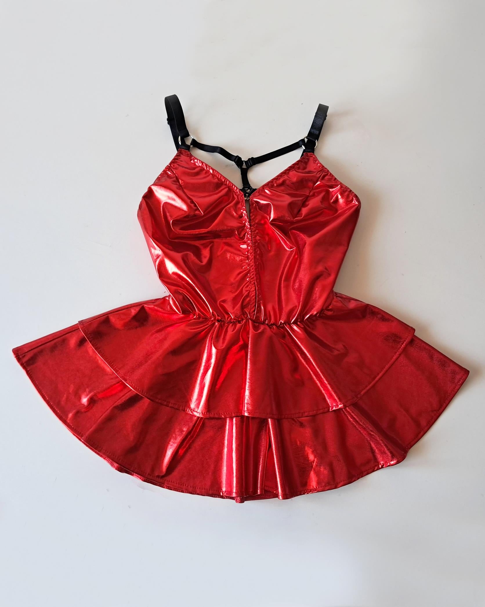 wet look ruffle dress with suspenders
