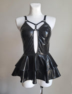 wet look ruffle dress with suspenders