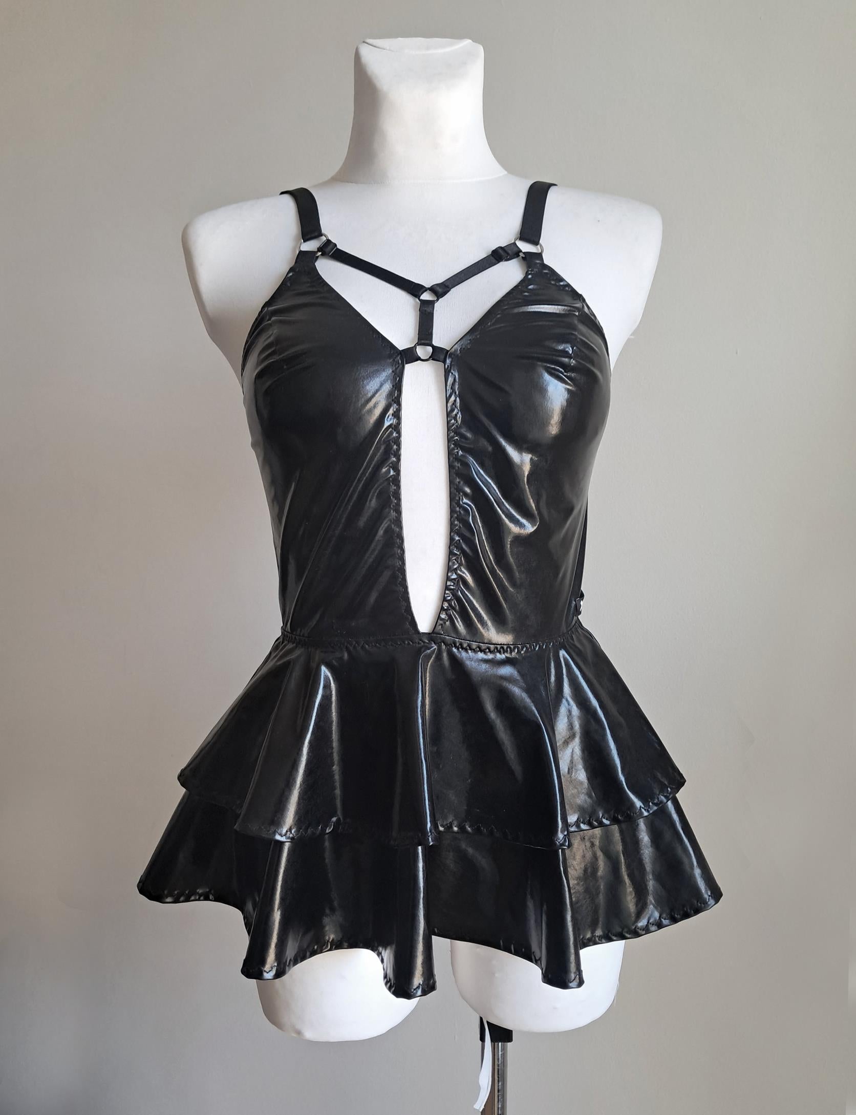 wet look ruffle dress with suspenders