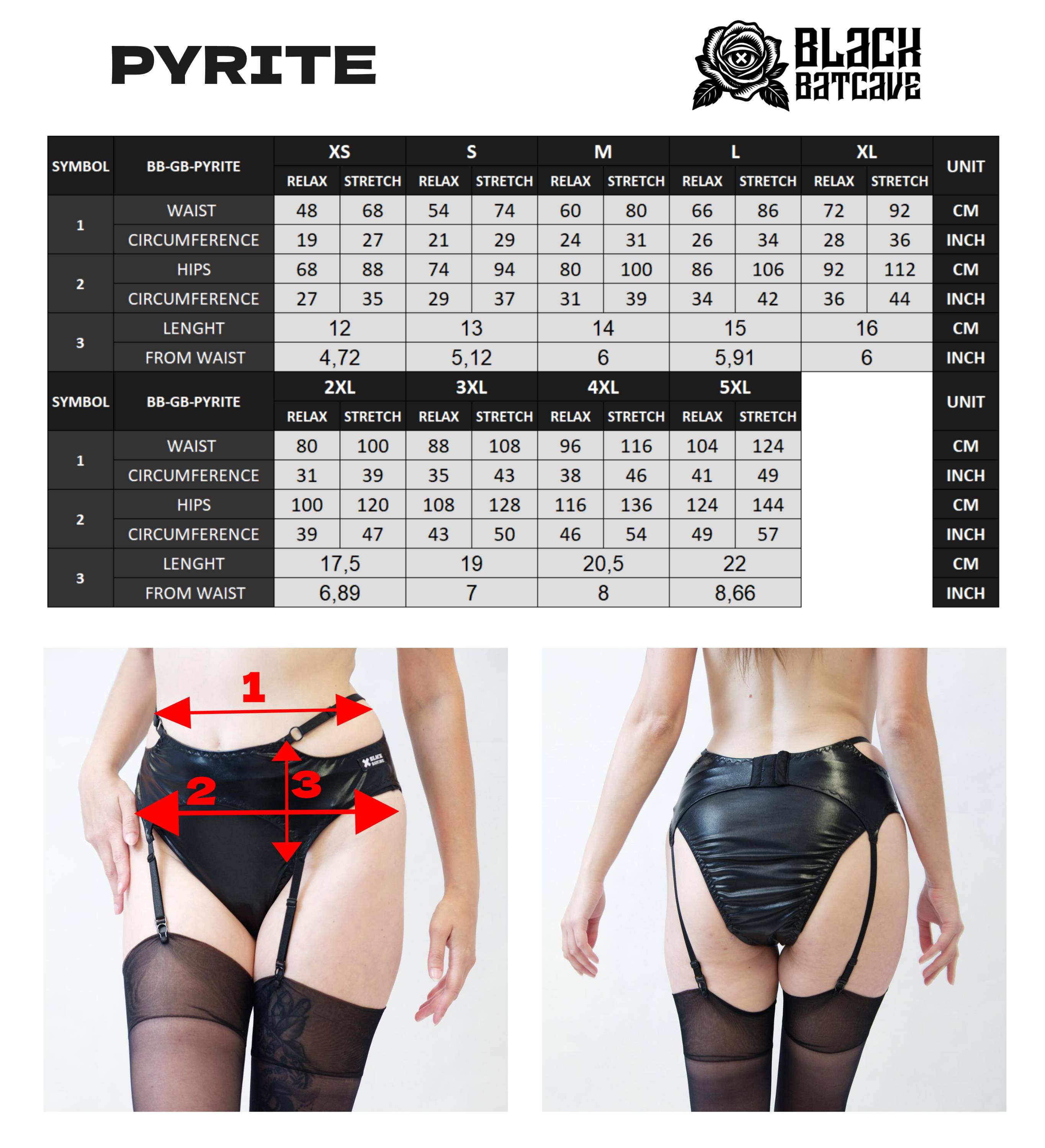Measurement chart and examples of black wet look strappy garter belt with 'Black Batcave' branding.