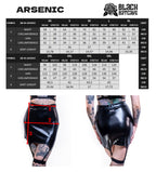 Measurement chart for Black Batcave leather products with a person wearing black wet look mini skirt with suspenders.